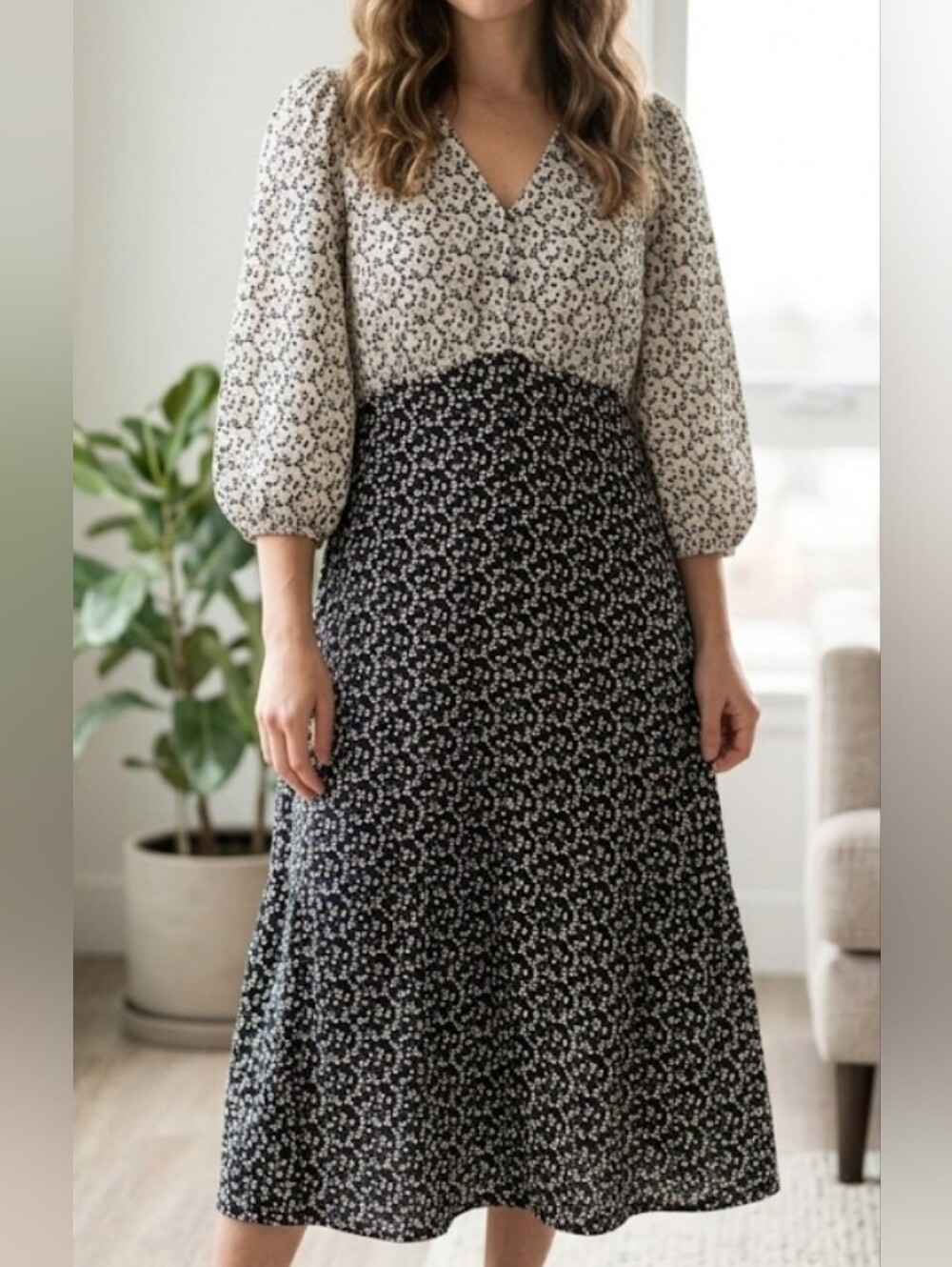 LC Lauren Conrad Black & White Floral Print Dress And Button Front.